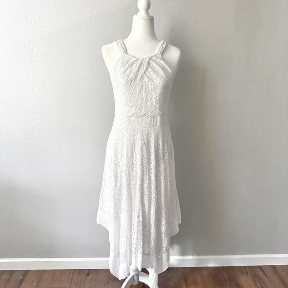 Chico’s Sz 0 White Eyelet Lace Handkerchief Hem Halter Dress Women’s Size Small - Picture 1 of 13